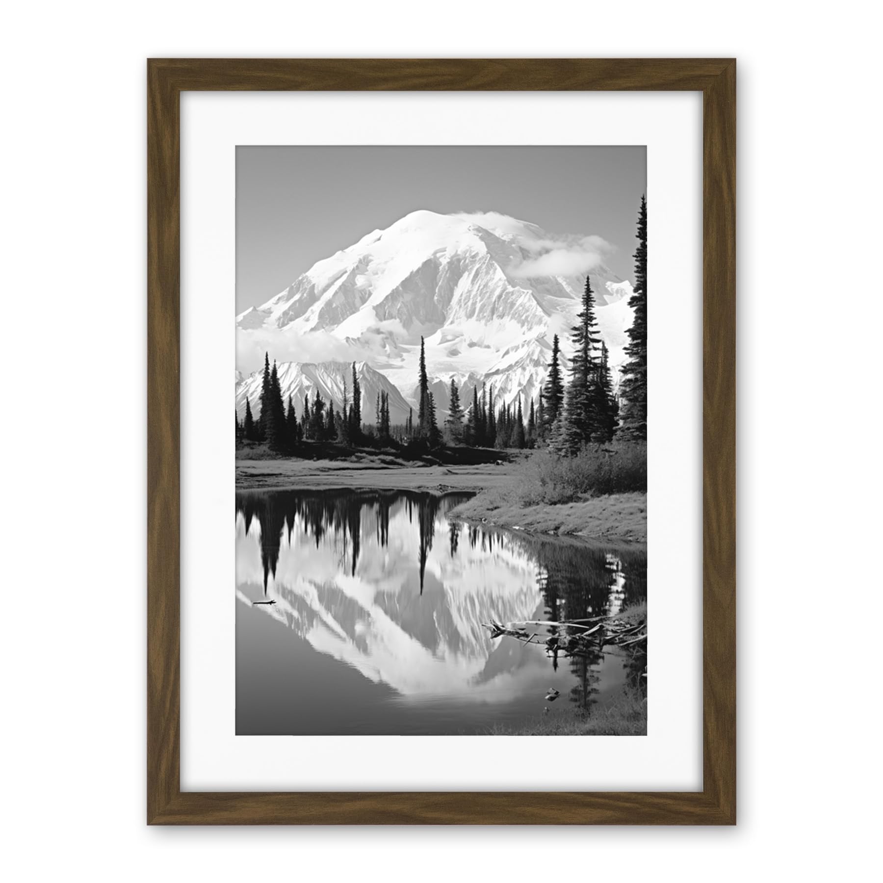 Artery8 Mount McKinley Reflecting on Wonder Lake Tranquil Water Black and White Photograph Scenic Mountain Valley Landscape Artwork Framed Wall Art Print 18X24 Inch
