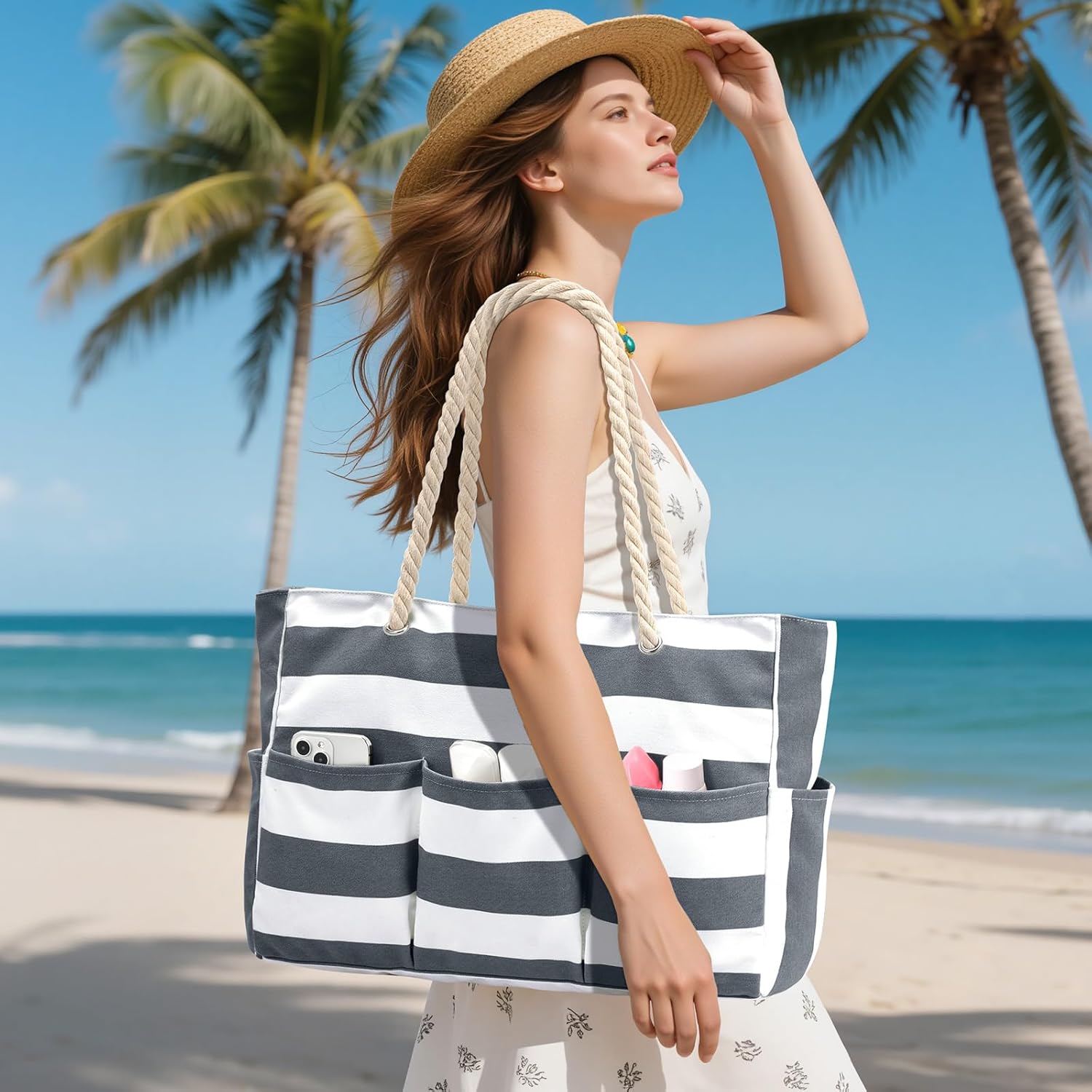 Becokan Beach Bags for Women Canvas Large Beach Tote Bag Zipper Waterproof Sandproof Foldable Swim Pool Bag with 7 Pockets