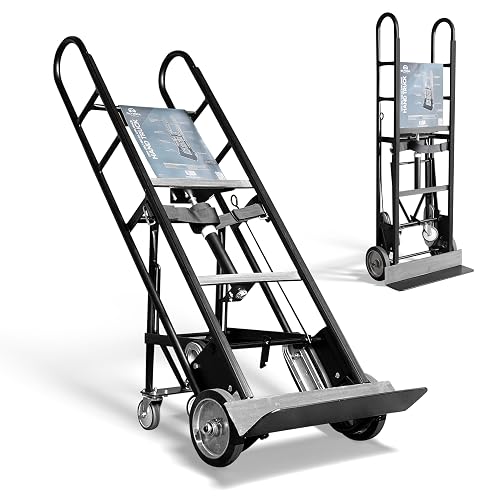 Olympia Tools Steel Appliance Hand Truck & Furniture Dolly, 1200 Lb, Black | Converts 2-Wheel to 4-Wheel, Auto-Recoil Ratchet Strap, Double-Welded Frame, for Fridges & Large Appliances