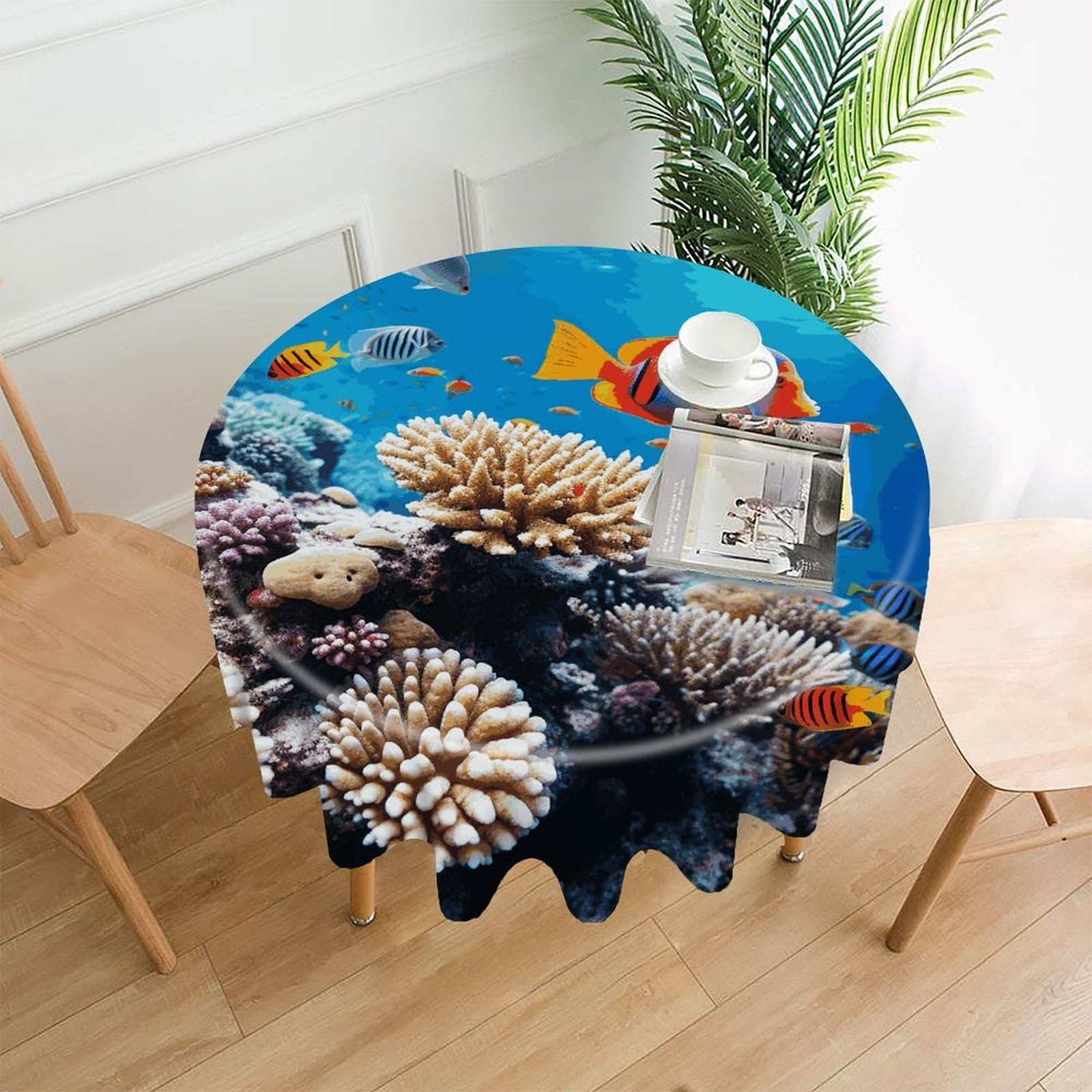 FekiLoot Ocean Tropical Fish Coral Round Tablecloth Cover 60 Inch Wrinkle Free Washable Polyester Fabric Table Cover Decorative Round Table Cloth for Home Dining Kitchen Party Farmhouse