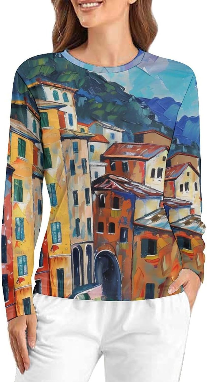 Cinque Terre And Pisa Tower Painting Women's Pajama Top Sleepwear Pajamas Sleep T-Shirt Long Sleeve Shirt Crewneck Tee