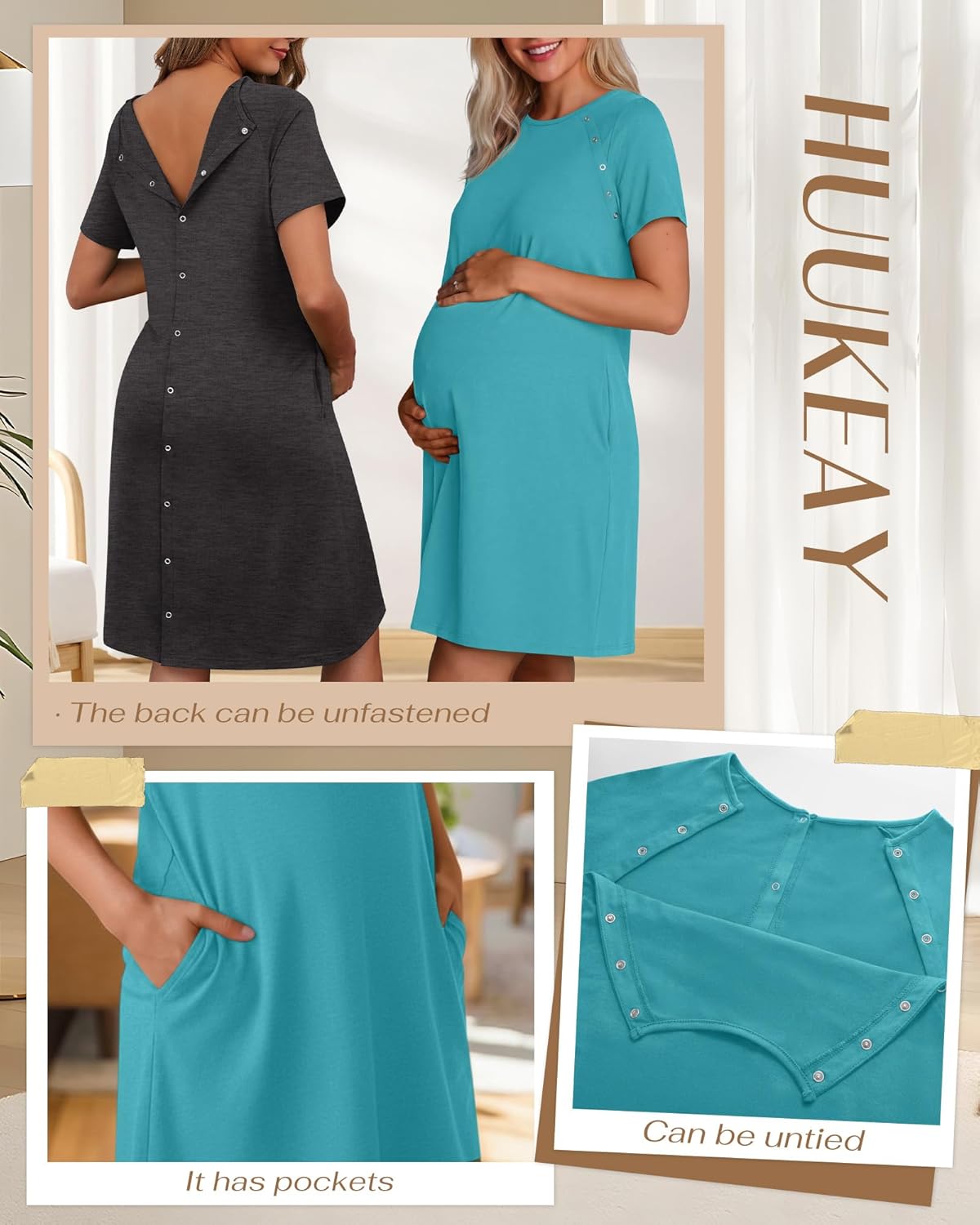 Huukeay 2 Pack Labor and Delivery Hospital Gown Women Nursing Birthing Maternity Dress 3 In1 Breastfeeding Buttons Pjs Robe