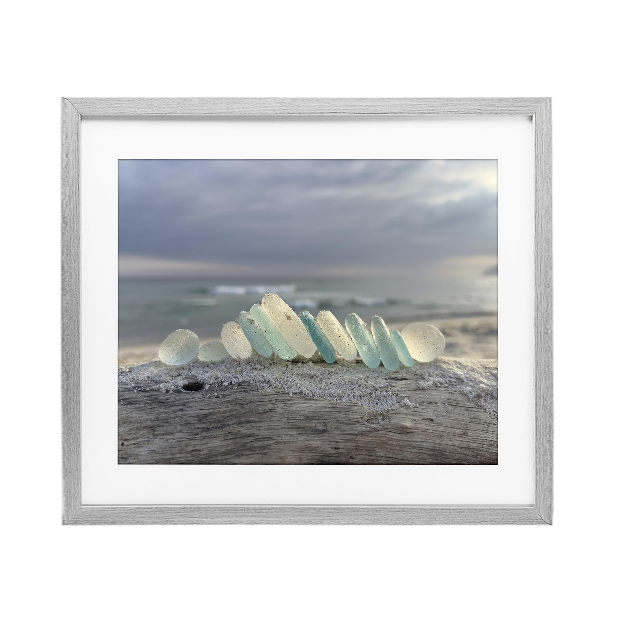 Stupell Industries Farmhouse Gray (Textured) 'Sea Glass On Driftwood'| Framed Print Under Glass