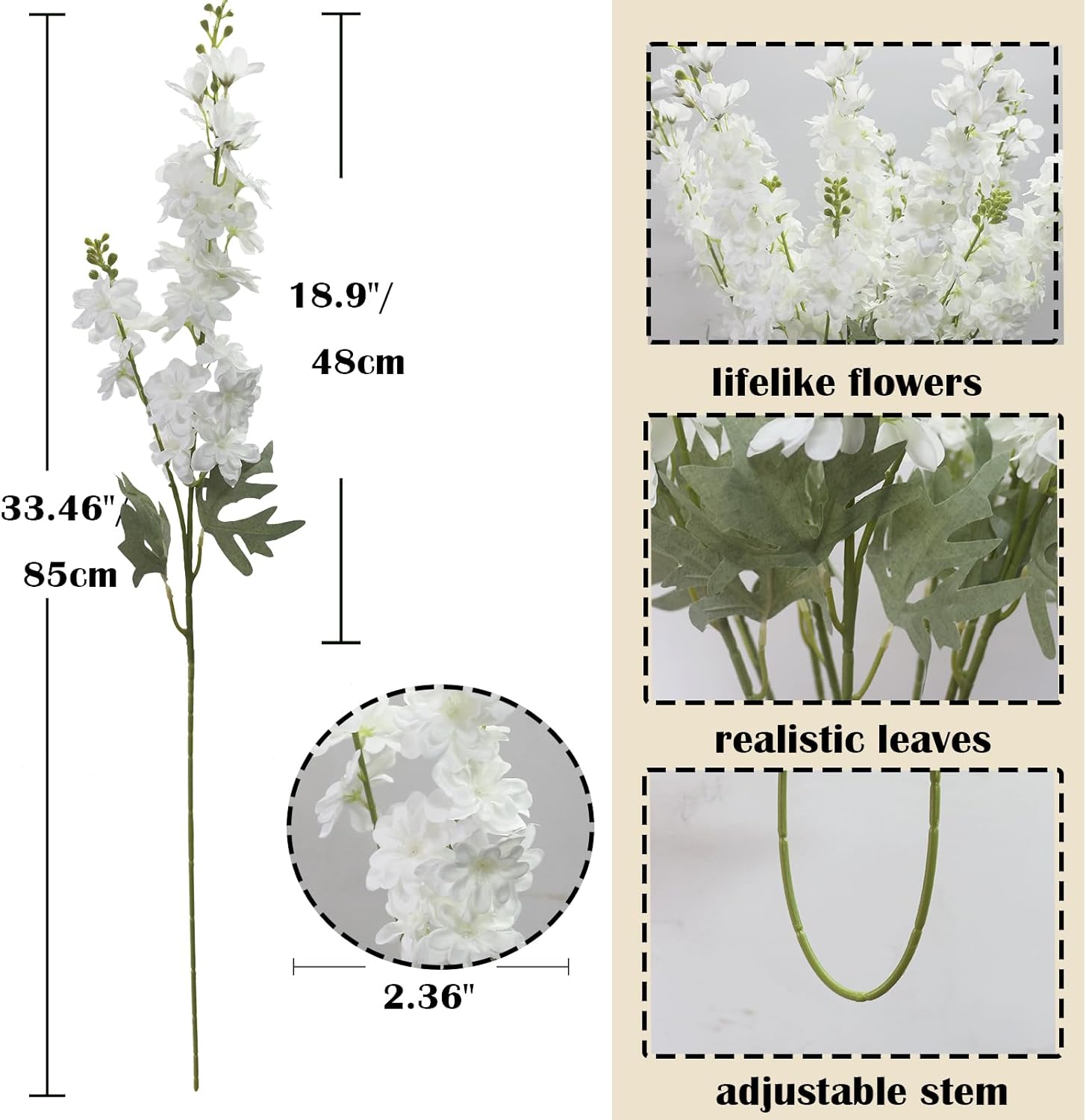 White Delphinium Artificial Flowers, 8PCS Fake White Flowers 33.46" Long Stem for Tall Vase Faux Delphinium Flowers for Wedding Centerpieces, Baby Shower Decorations, Home Table Decor - Image 2