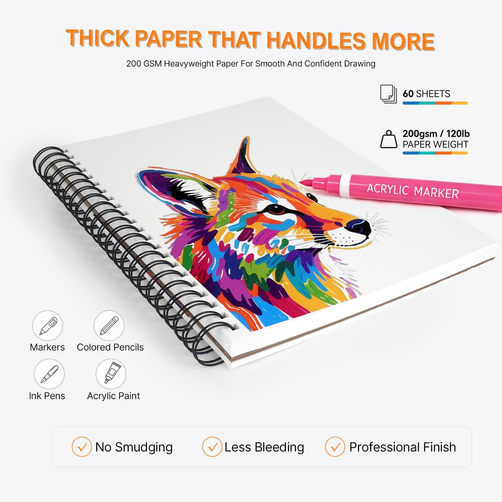 Bloc de marqueurs 21,6 x 29,9 cm A4 – 60 feuilles, 200 g/m², carnet de croquis à spirale, papier à dessin anti-bavures pour marqueurs à l'alcool, crayons de couleur et supports mixtes | Bloc d'art