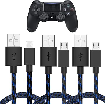 TalkWorks Micro USB Controller Charger Cable for PlayStation 4-6-Foot Long Braided Heavy-Duty Fast Charger Cord for PS4, Blue-Black 3 Pack