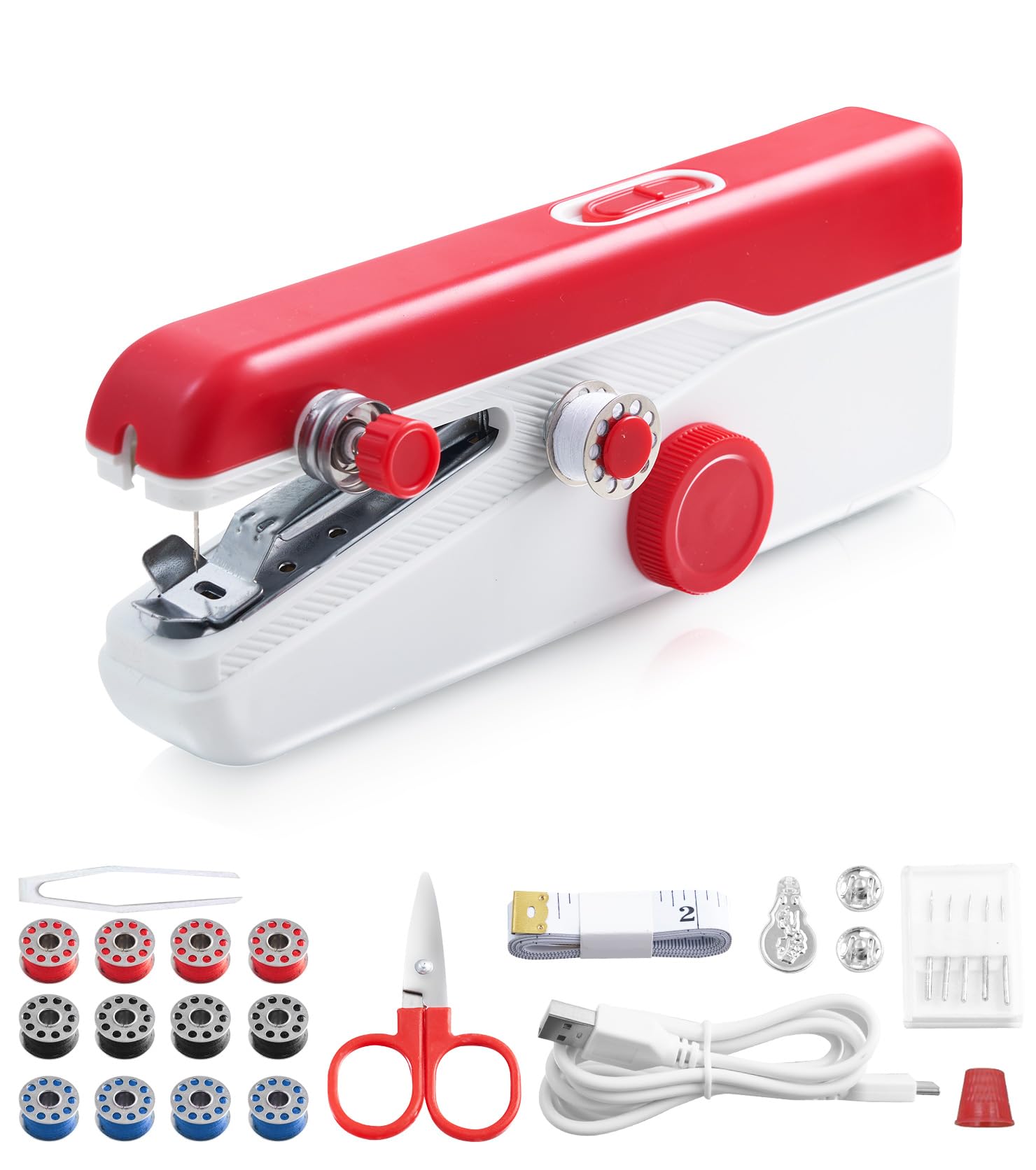 Nuevo modelo 2025, máquina de coser de mano; costura rápida portátil, equipada con kit de costura, máquina de coser para principiantes para principiantes, muy adecuada para uso doméstico (rojo)