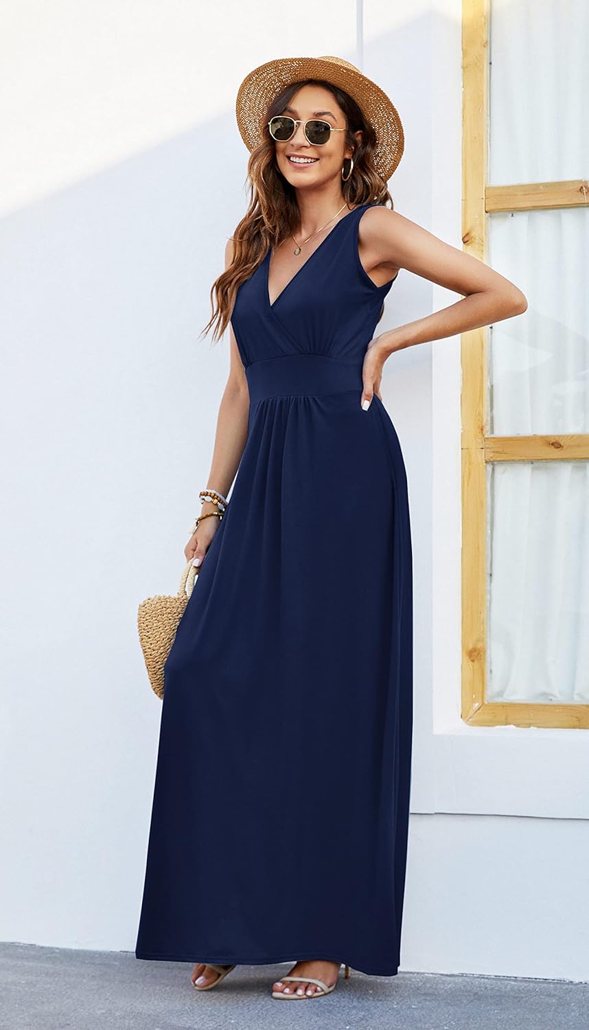 AUSELILY Women's Sleeveless Formal Dress Deep V Neck Loose Plain Cocktail Long Maxi Dresses with Pockets 2026 New - Image 2
