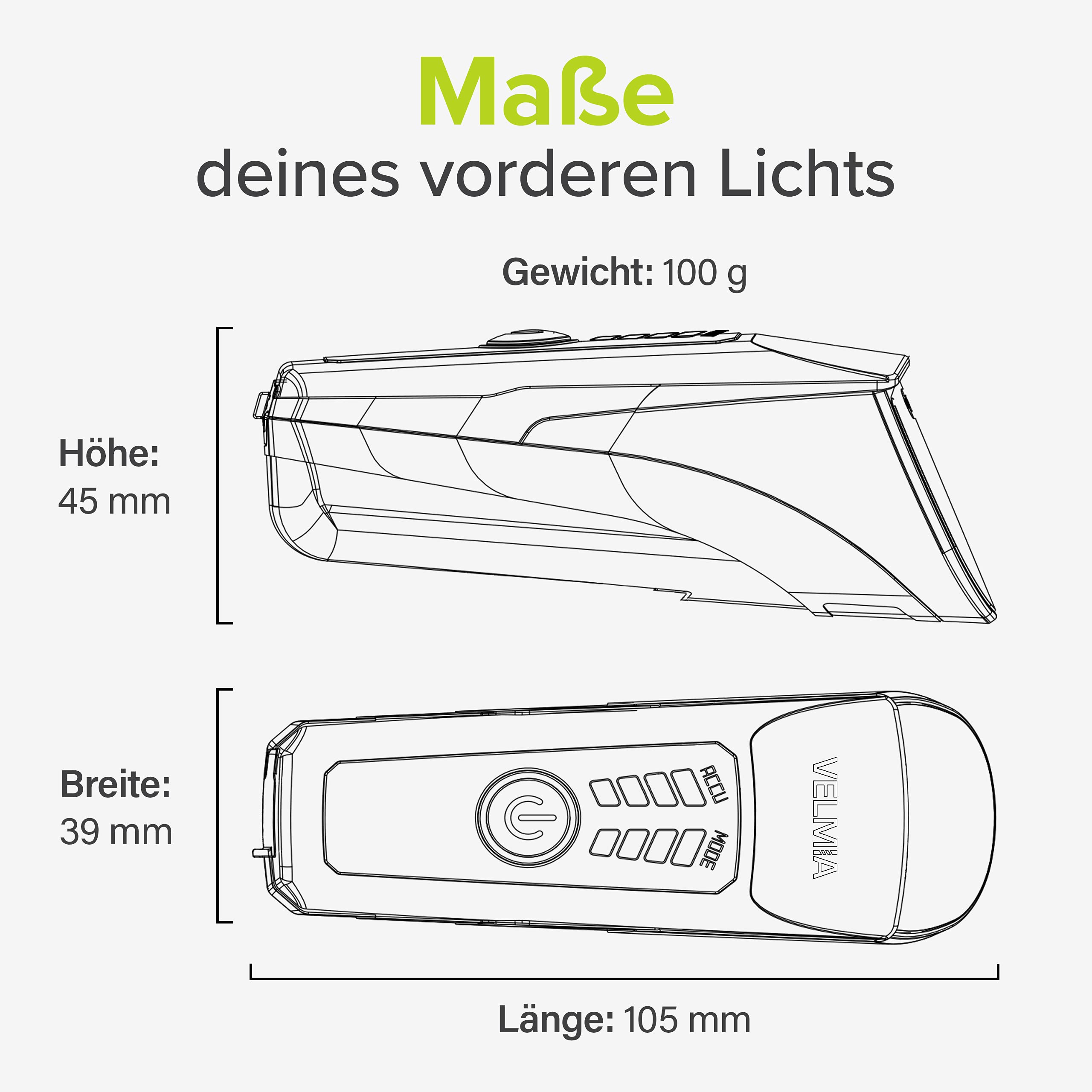 VELMIA Fahrradlicht Vorne StVZO zugelassen mit USB Akku-Betrieb und 8,5h Leuchtdauer I LED Fahrrad Licht regenfest und aufladbar I Front Fahrradlampe Schwarz