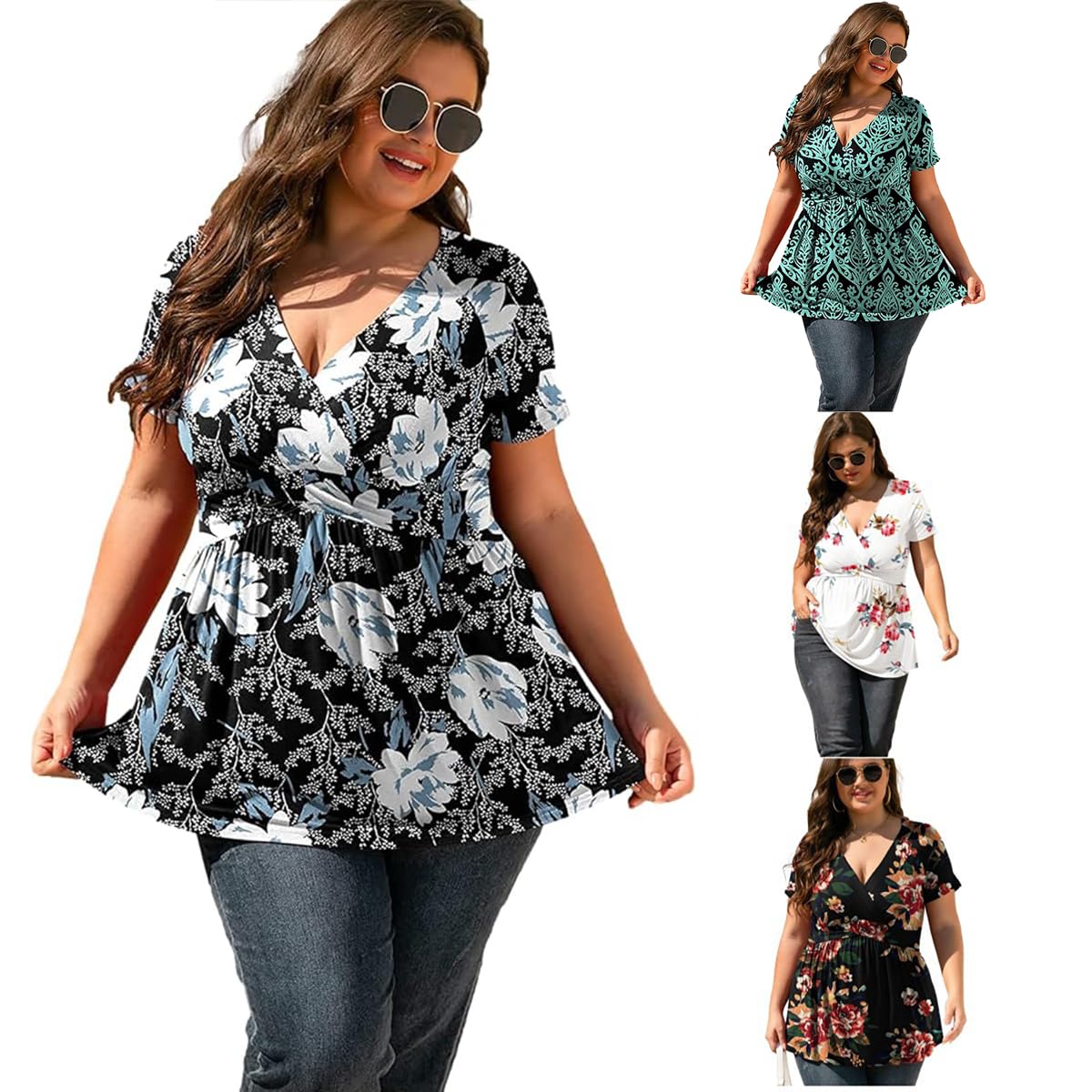 LIAMERHE Camiseta Manga Corta Mujer Verano Talla Grande Moda Camisa Blusa Cuello en V Tops Casual T-Shirt Elegantes