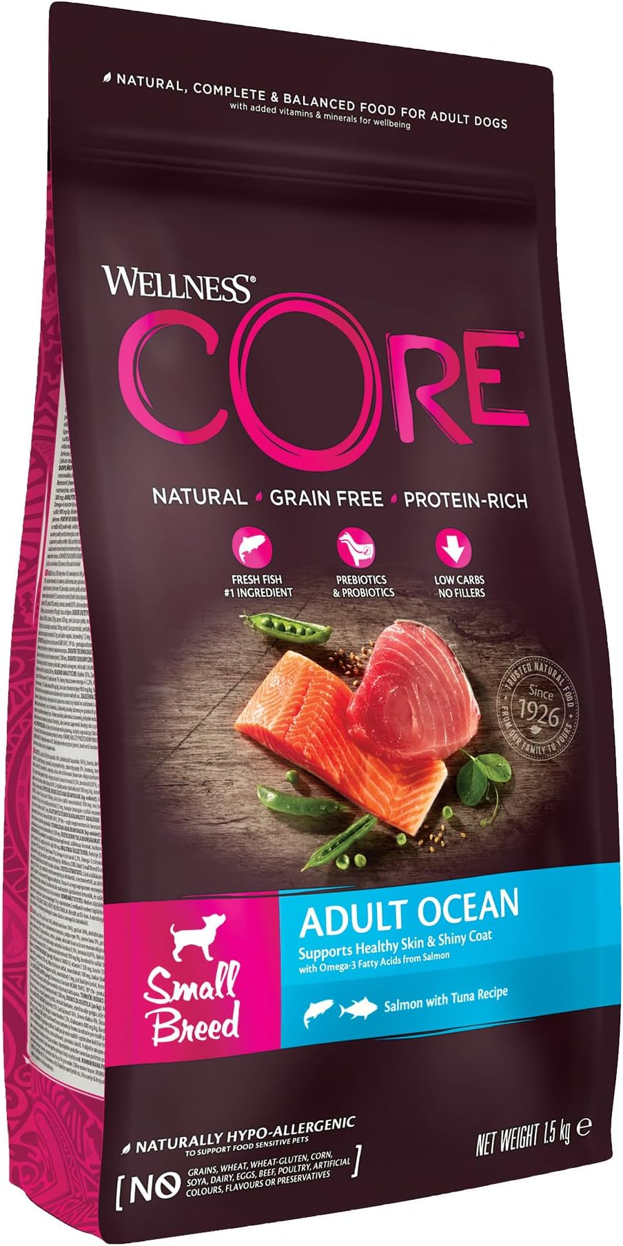 Ocean 1.5 kg, Salmon & Tuna – Dry Dog Food for Small Breeds, Grain-Free, Natural, Hypoallergenic, Protein-Rich, High Fish Content, Supports Healthy Skin & Shiny Coat