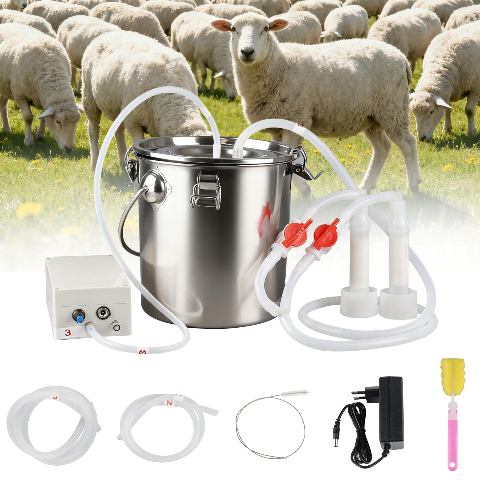 Elektrische Melkmaschine für Schafe, 5L Ziegenmelkmaschine, Vakuumpumpe Melker Eimer Fass Tank, Edelstahlmilchmaschine Saugimpuls Melker für Schafkühe Ziege