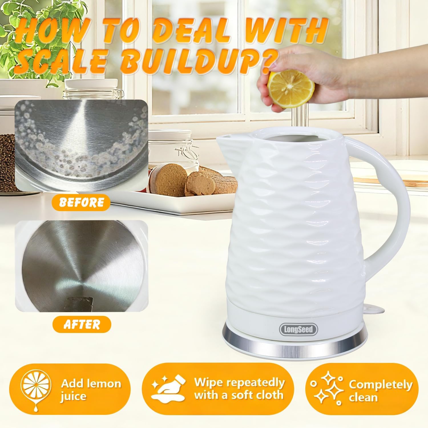 Ceramic electric kettle,1.5L/1000w, white electric tea kettle， Automatic Shut-Off, BPA-Free, Boil-Dry Protection, suitable for coffee, tea, quick boiling, with wave texture design