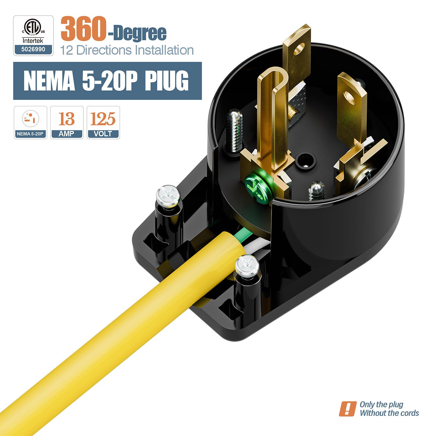 Angled NEMA 5-20P Plug, WINXUS Rotatable 5-20P Replacement