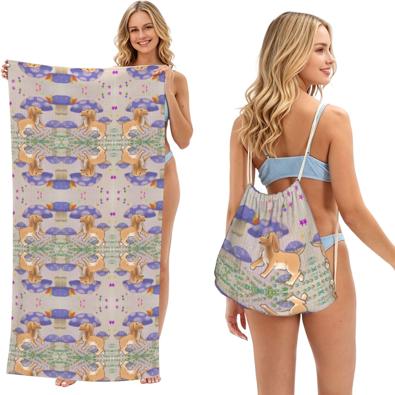 SXZVVBN Cartoon mushroom with dog 2-in-1 Beach Towel Bag, Quick Dry Sand Free Travel Towel Backpack for Adults