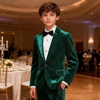 Lamgool Boys Velvet Suit Set Slim Fit Tuxedo Kids Formal Outfit 4 Piece with Blazer Jacket Shirt Pant Bow Tie for Wedding