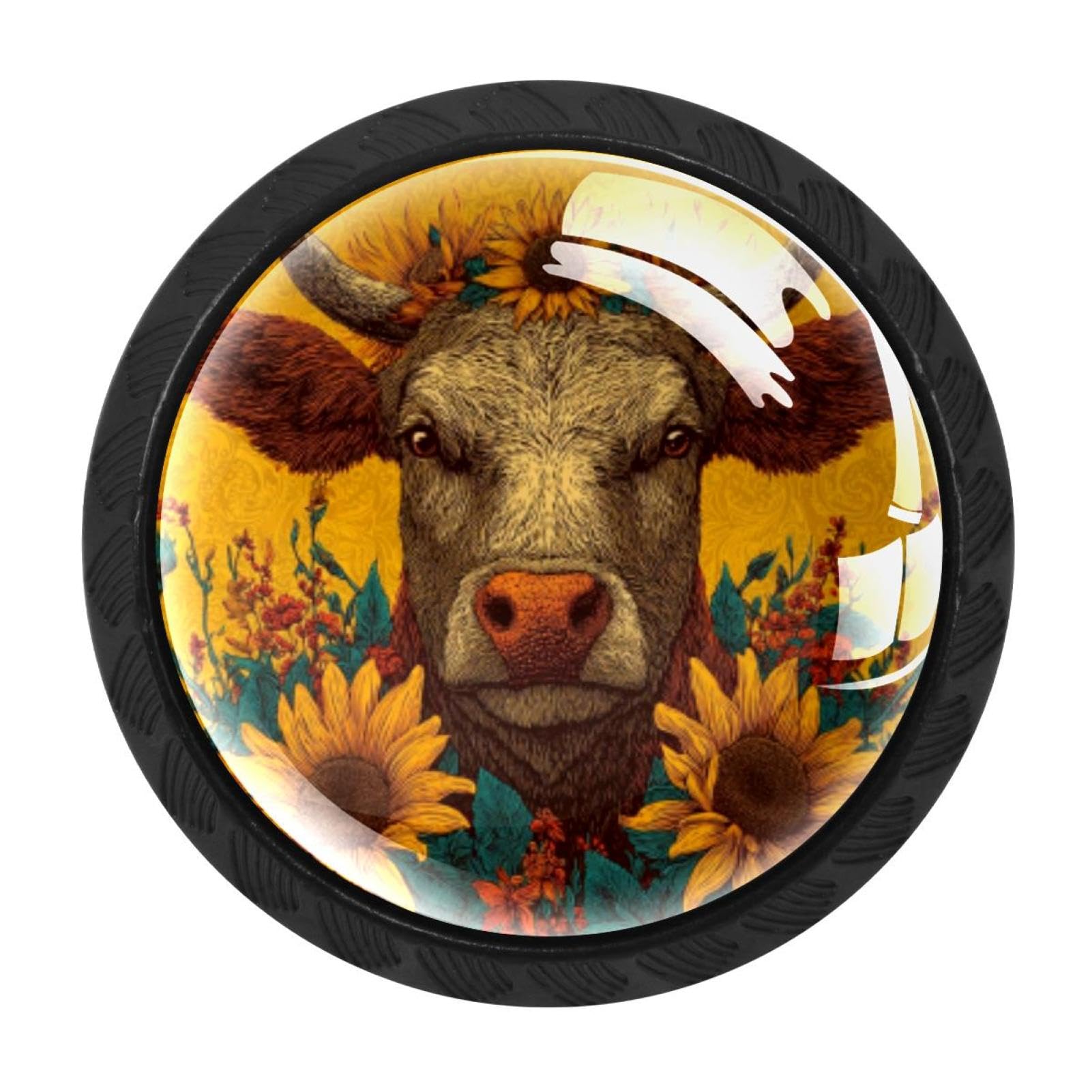 CHENZZZZ 4 Pieces Round Cabinet Knobs Sunflower Cow (2) Dresser Knobs Pulls Handles with Screws for Drawer Pulls Handles Knobs Door Knobs