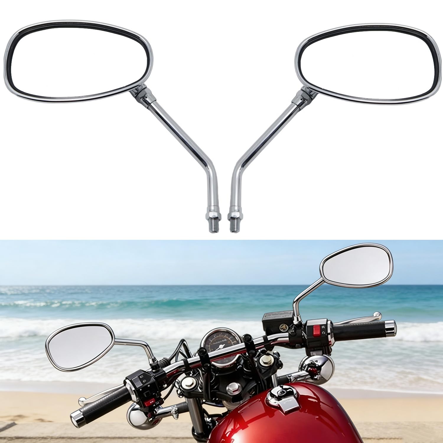 Rétroviseur moto, rétroviseurs latéraux M10 Chrome Compatibles avec paquet de vis pour scooter Street Bike Cruiser Chopper Suzuki