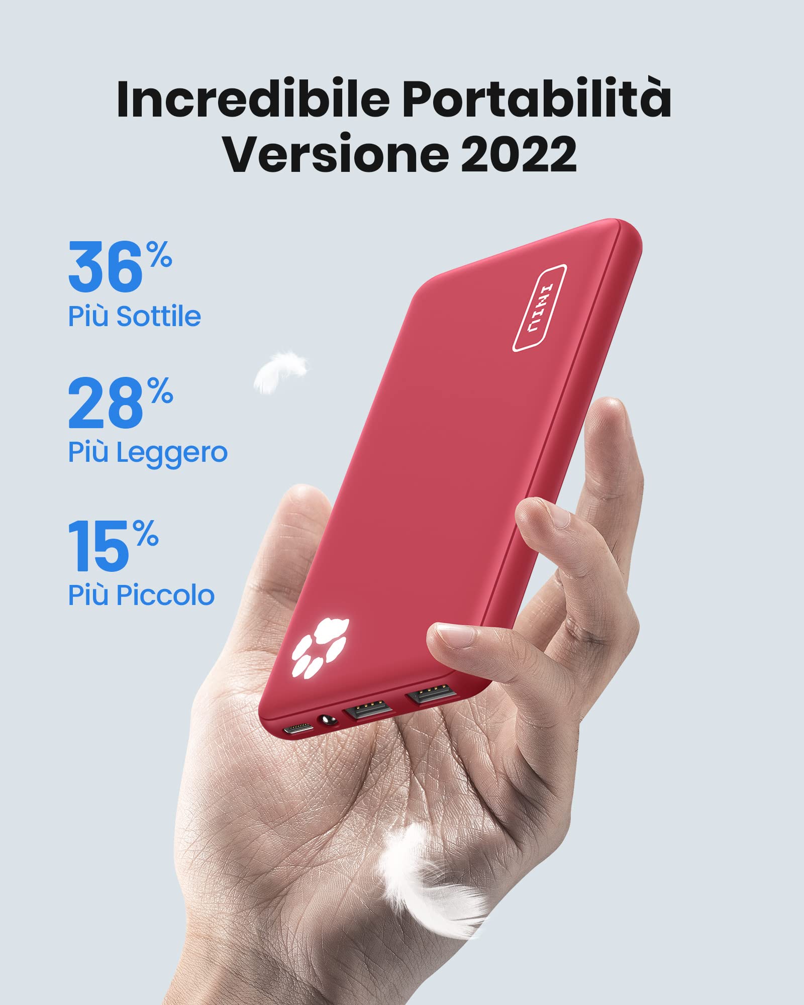 Power Bank, INIU Ultra Sottile & Leggero Powerbank 10000mAh Doppia Uscita 3A ad Alta Velocità, Porta USB C da Esterno Caricatore Portatile di Torcia per iPhone 15 14 13 12 Pro Max Samsung Huawei