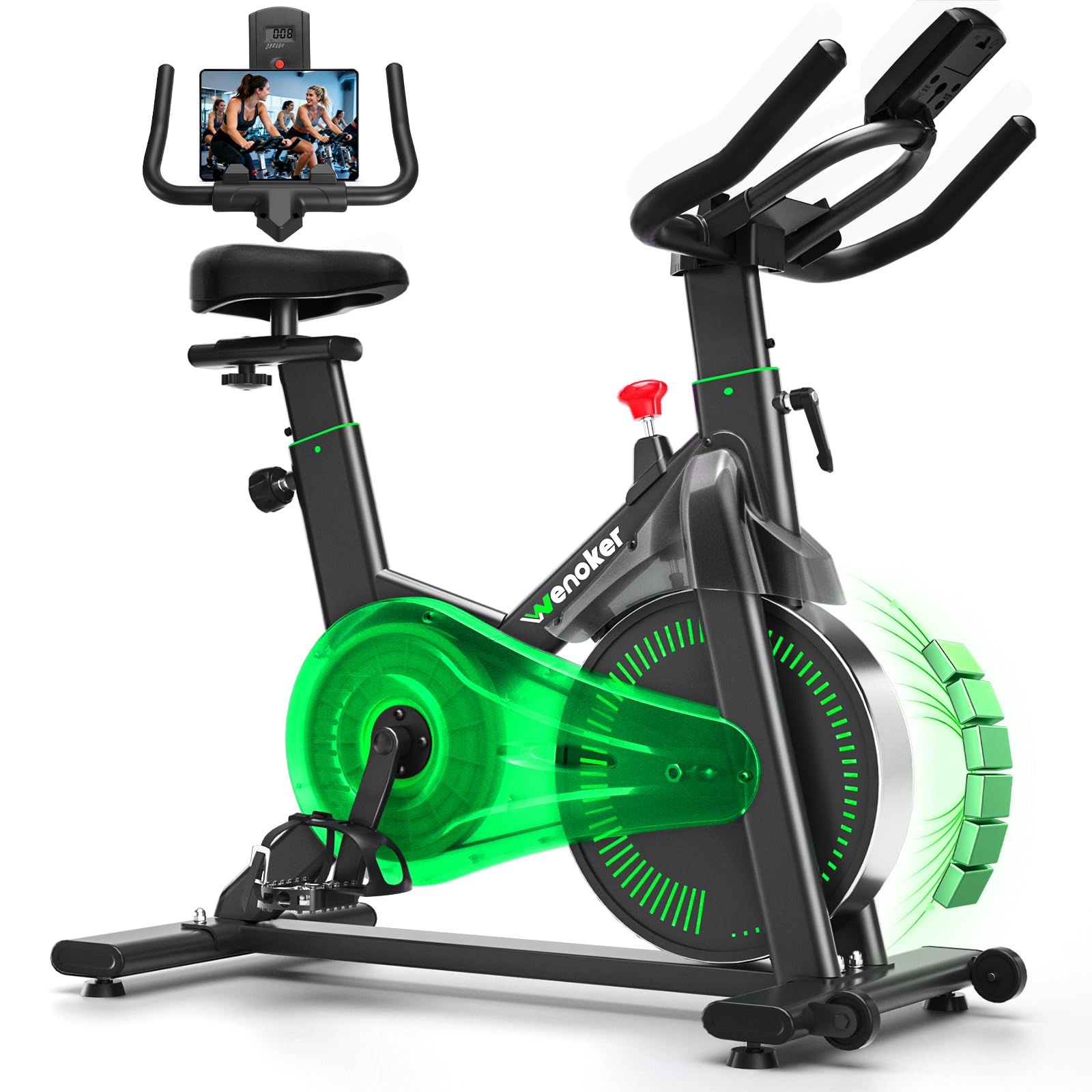 Exercise Bike, Wenoker Magnetic Stationary Bike for Home App Sync Indoor Bike with Adjustable Seat and Handlebar, Transport Wheels and Fitness Courses for Weight Loss[Light Green]