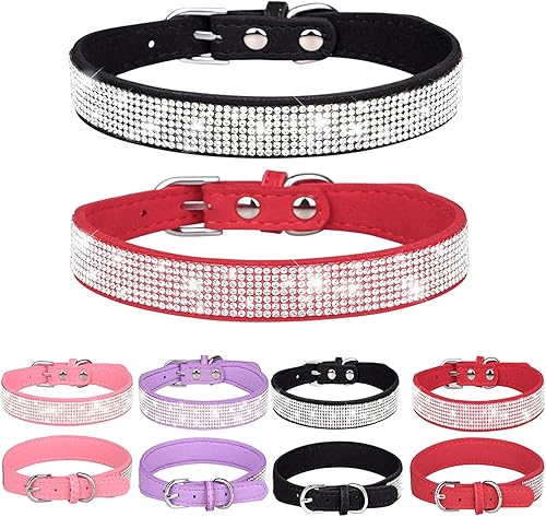 Collar de perro para perros pequeños, paquete de 2 collares ajustables de cuero para perro, collar de gato con diamantes de imitación (S, negro y