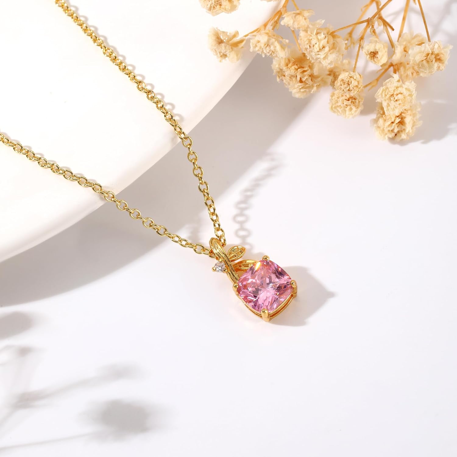 Cubic Zirconia Necklace Dainty Pendant Necklace for Women 18K Gold Plated Pink Cushion Cut Necklaces Valentine's Day Gifts for Women - Image 3