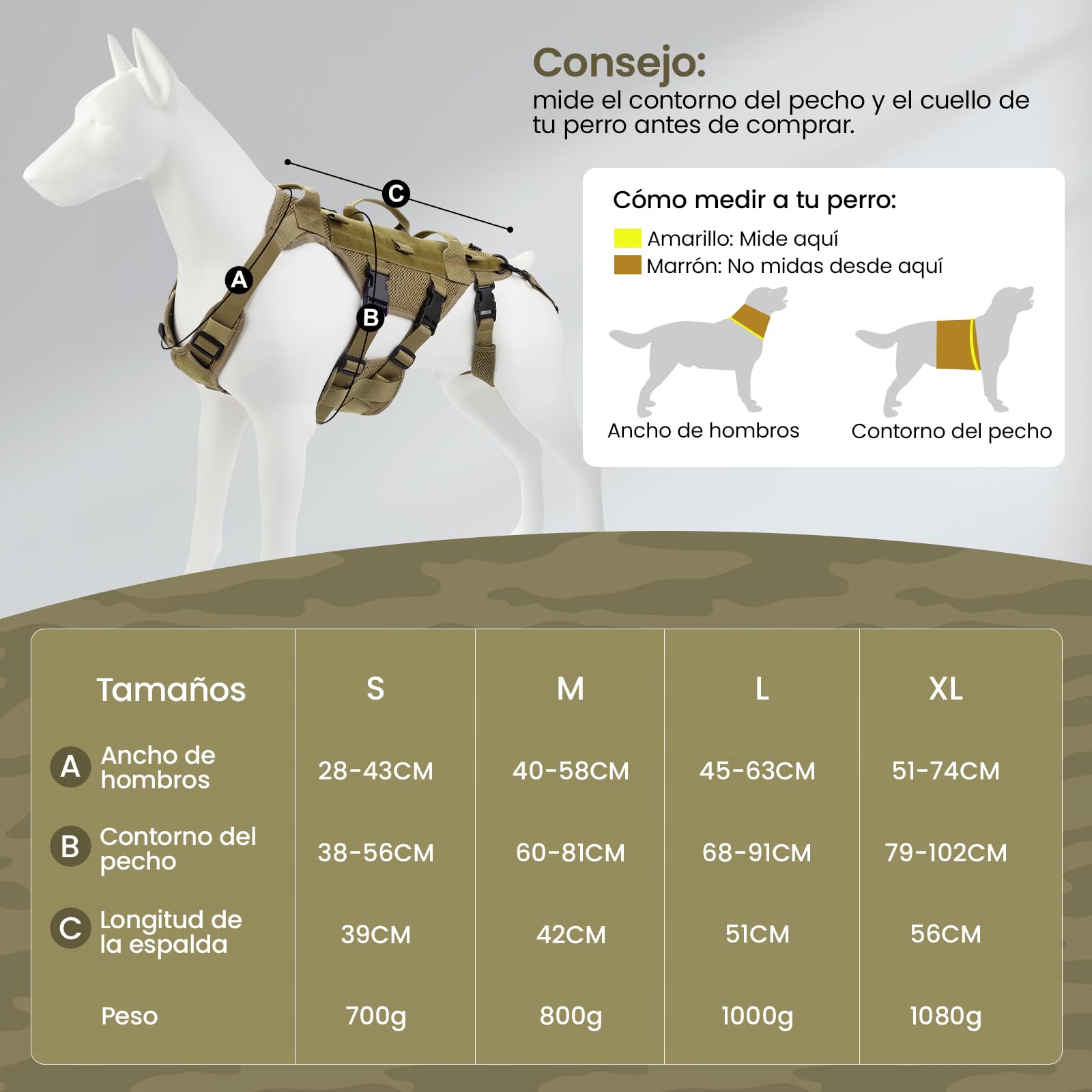 Arnés Perro Mediano y Grande Tamaño L, Chaleco Táctico para Perros con 1000D Nylon Malla de Sándwich Transpirable, 3 Asas y Correas de Hombro Ajustables Desmontables y Correas Traseras