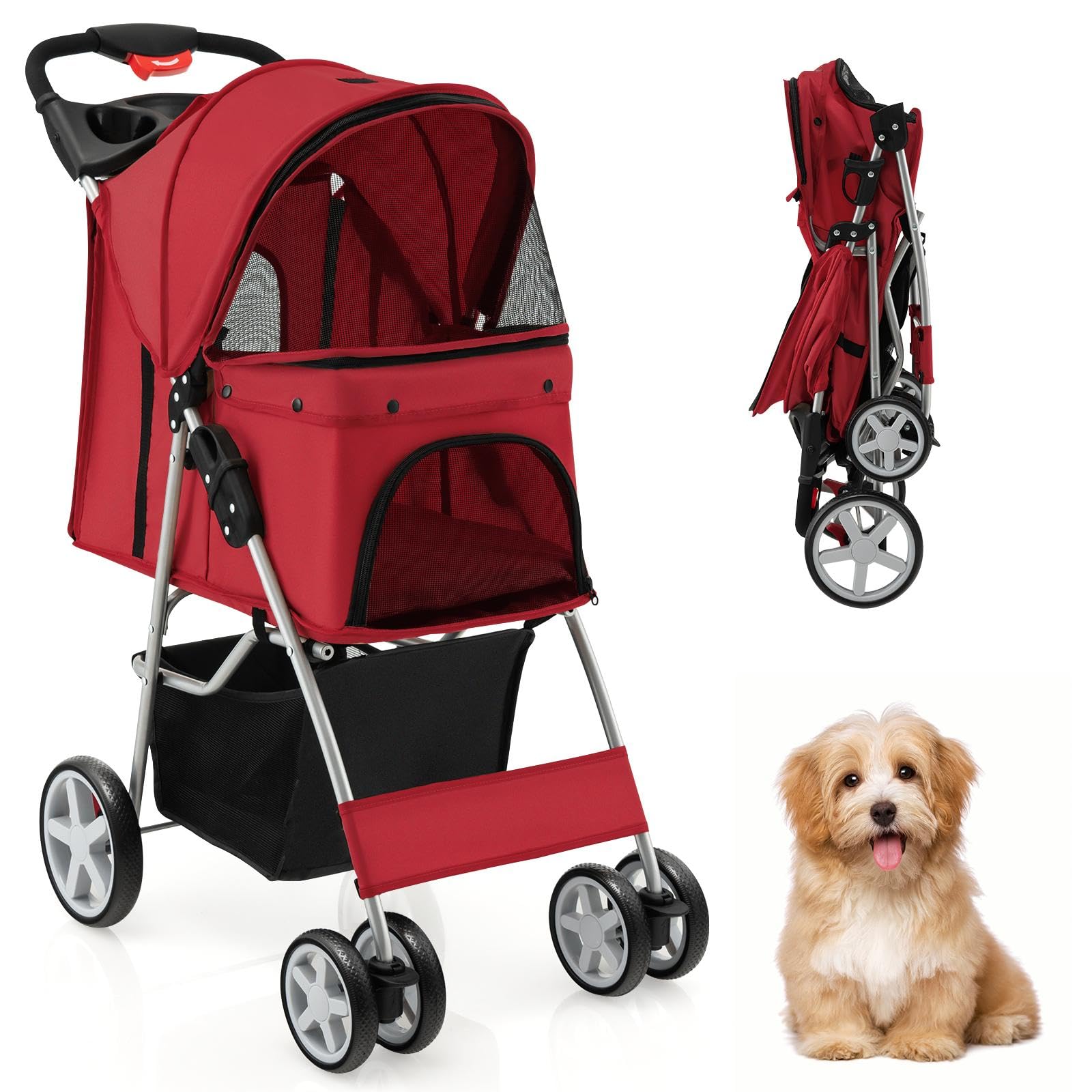 SOARS Cochecito para perros plegable hasta 15 kg, carrito para gatos con ventanas de red, soporte para bebidas y cesta de almacenamiento, cochecito para mascotas pequeñas (rojo)