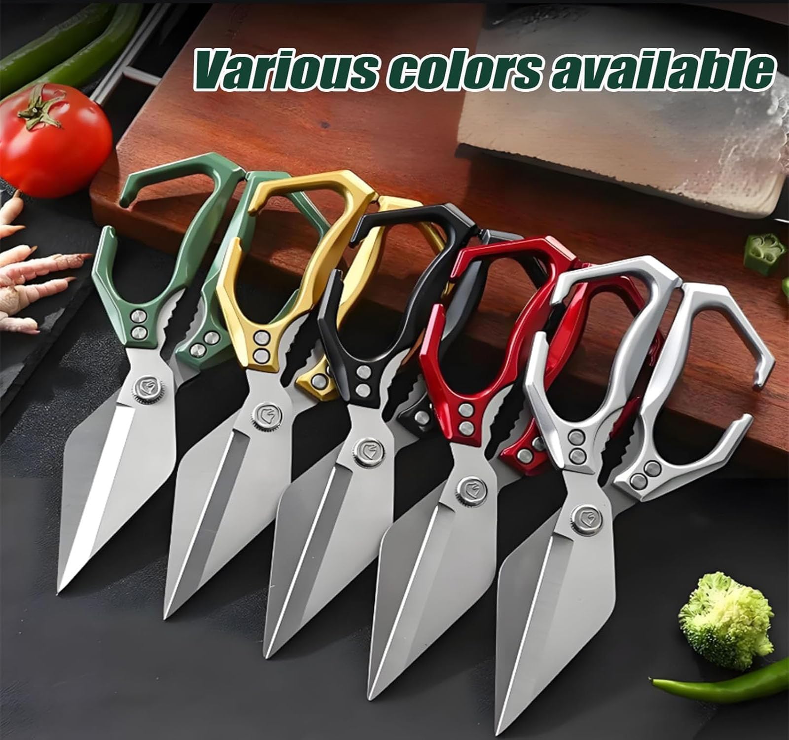 2025 Nuevas tijeras de cocina de servicio pesado multifuncional de Seattleget, tijeras de acero inoxidable 3CR13, con mango ergonómico, para cortar carne, verduras y nueces (E)