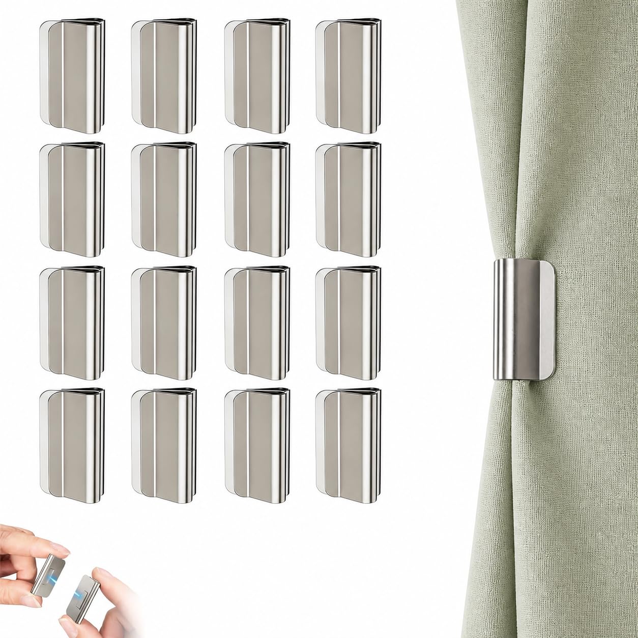 16 Pairs Curtain Clips, Silver Holders