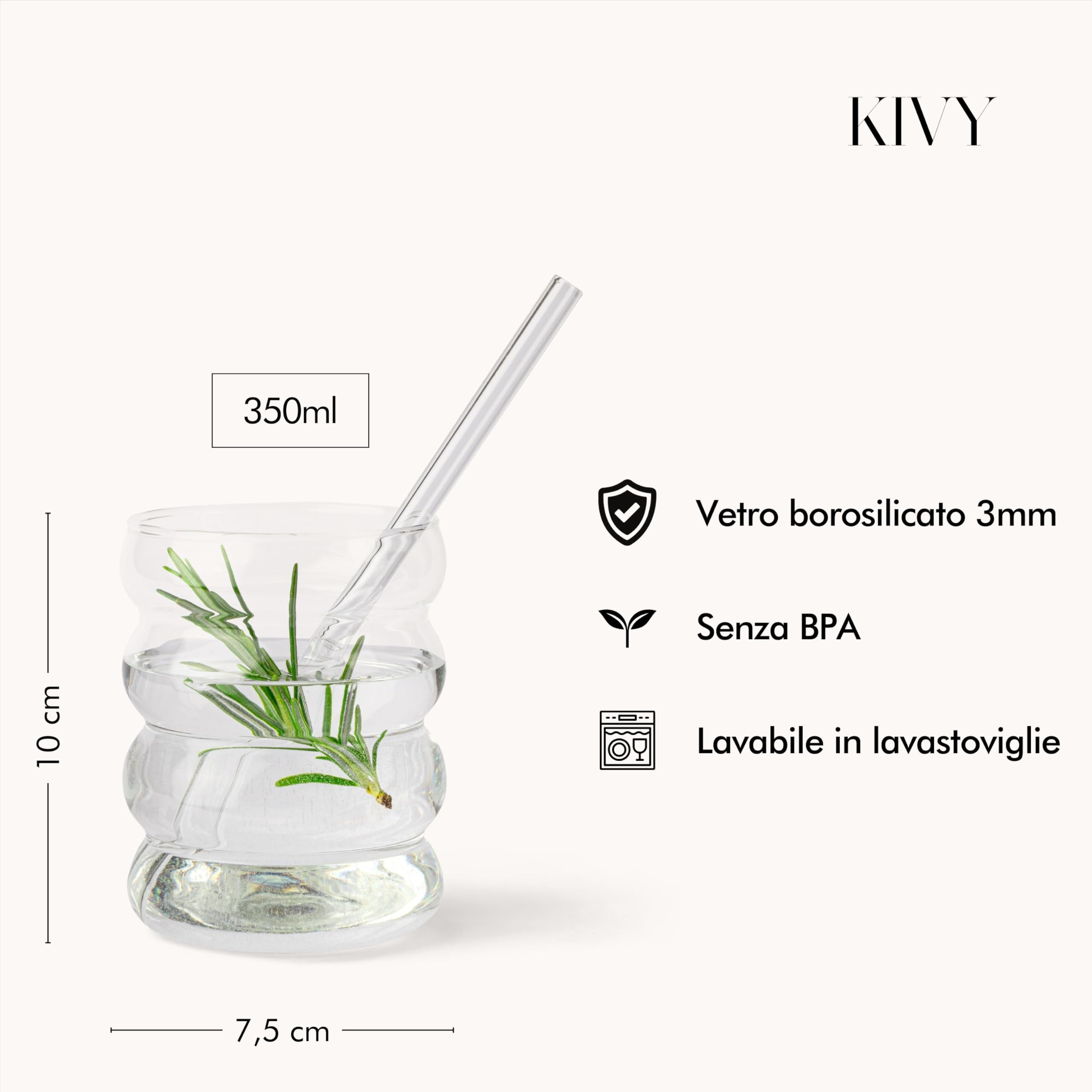 KIVY Bicchiere con Cannuccia [4x 350ml] Acqua, Caffè freddo e Matcha - Set Bicchieri Acqua Vetro - Bicchiere Vetro con Cannuccia - Bicchieri Ghiacciato - Senza BPA - Vetro a Bolle Effetto Bubble
