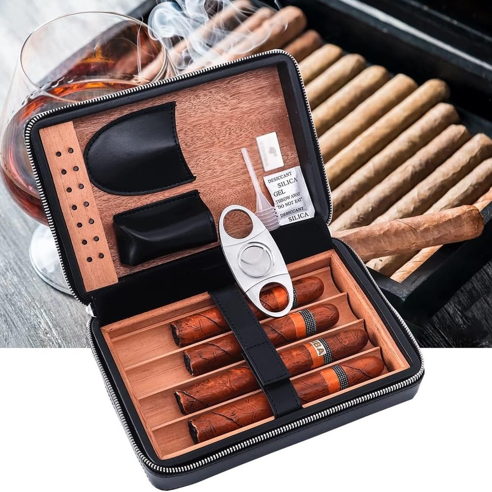 4- palcowe przenośne podróżne skórzane etui na cygara Humidor na cygara z przecinakiem i kontrolą wilgotności Zawiera przecinak do cygar Prezent dla mężczyzn