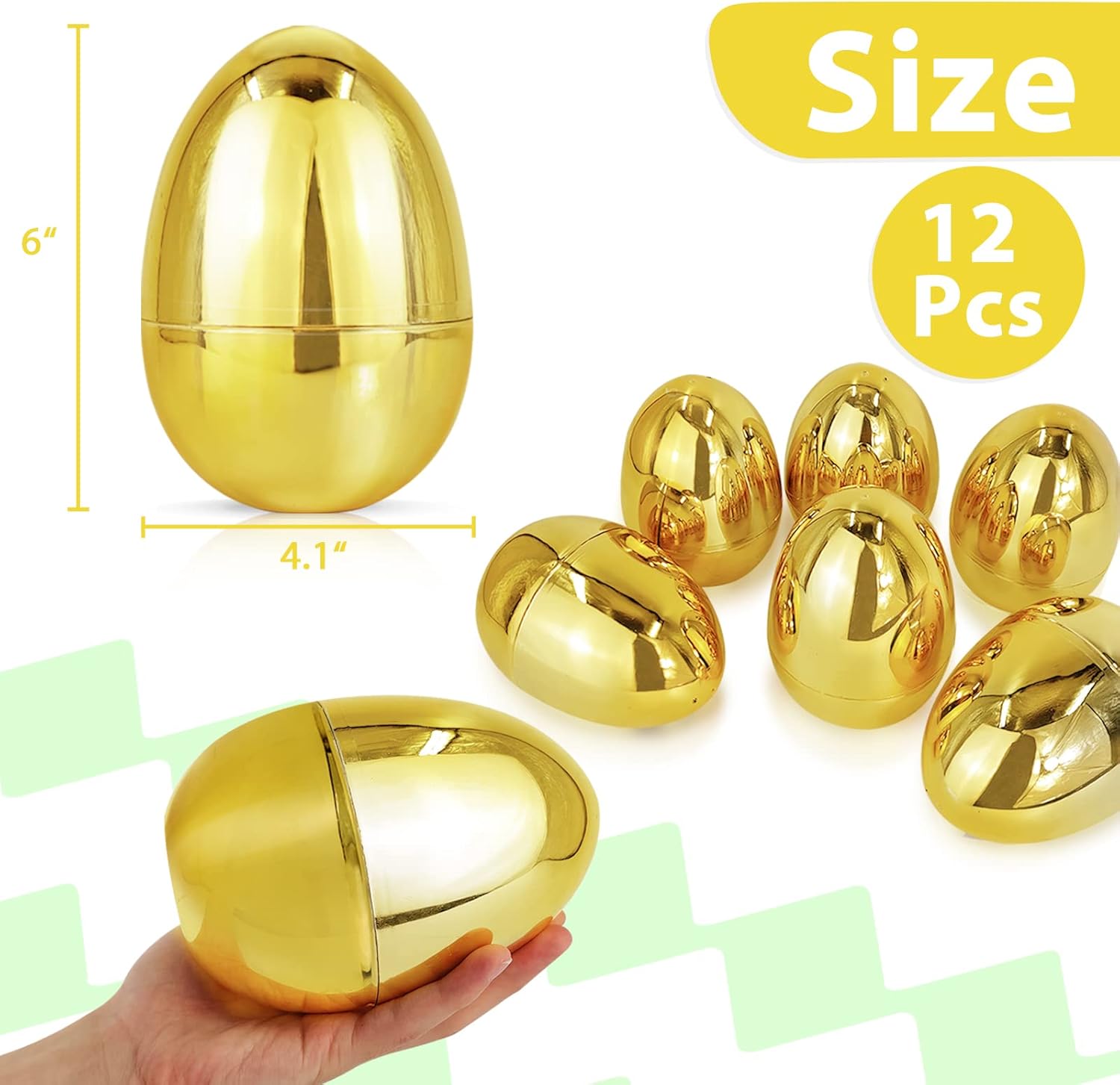 12 Pack 6" Large Golden Metallic Easter Eggs Bulk for Filling Specific Treats Plastic Fillable Jumbo Surprise Eggs Hunt Easter Basket Stuffers Filler Toys Gifts for Kids Boys Girls Easter Party Favor