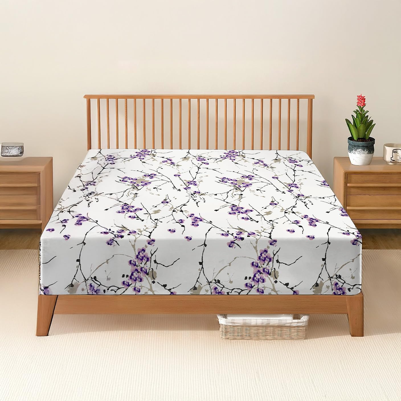 DANYDude 100% Egyptian Cotton Floral Printed Single Fitted Sheet 400 Thread Count Fitted Sheets Single Soft & Machine Washable 30cm/12” Extra Deep Fitted Bed Sheets Room Decor