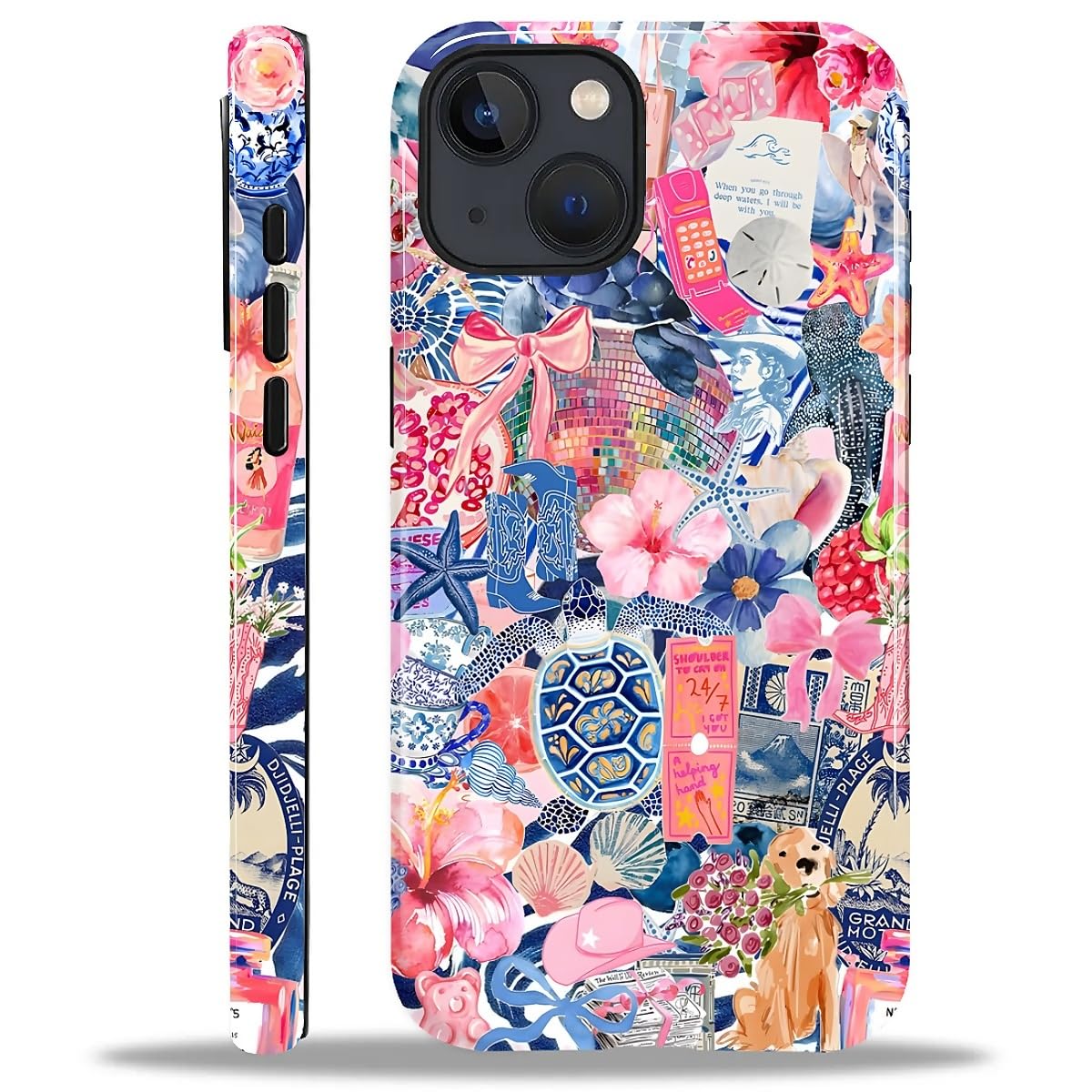 Akinmi Case for iPhone 15,Turtle Whale Stamp Bow Collage Exquisitely Pattern Double Protective Phone Cover Cases Soft Silicone for iPhone 15