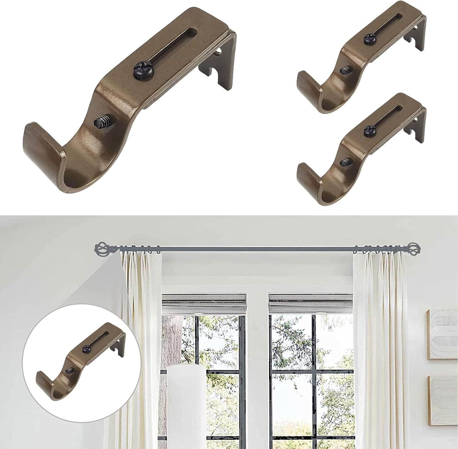 6PCS Adjustable Curtain Rod Brackets,Fits up to 7/8 inch or 1 inch Rods,Extendable Curtain Rod Holder for Wall,Bronze