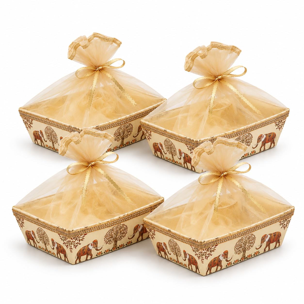 Decorative Gift Hamper Basket Set of 4 with Net Cover – Golden Designer Empty Gift Baskets for Wedding Return Gifts, Dry Fruits & Festive Gift Packing (Rectangle)