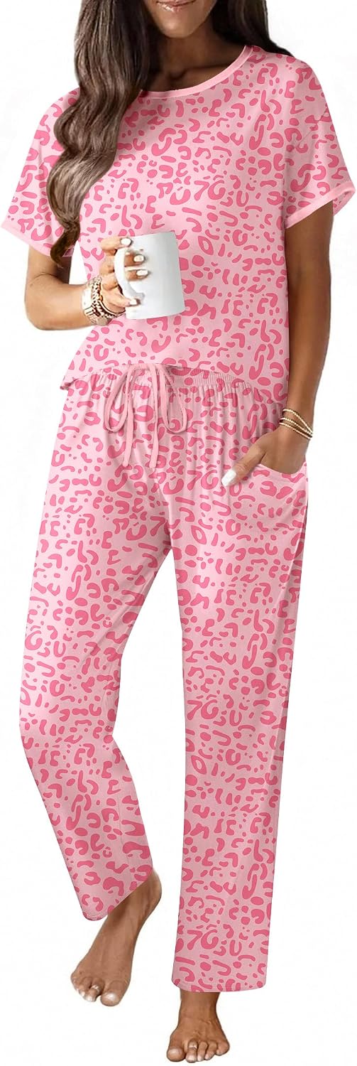 Ekouaer 100% Cotton Pajama for Women Short Sleeve Pj Top With Long Pants 2 Piece Lounge Set with Pocket