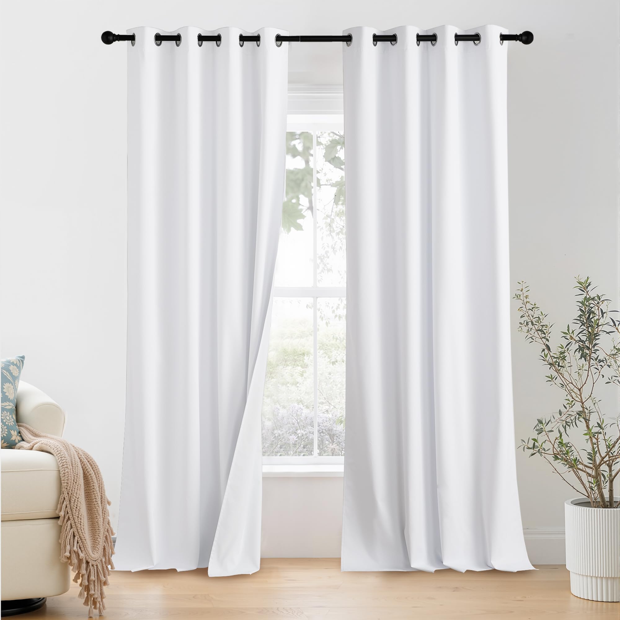 NICETOWN 100% Blackout Window Curtain Panels 96 inch Length for Living Room, Set of 2, Snow White, 55 inches Wide, Thermal Insulated Extra Long Drapes for Patio Door