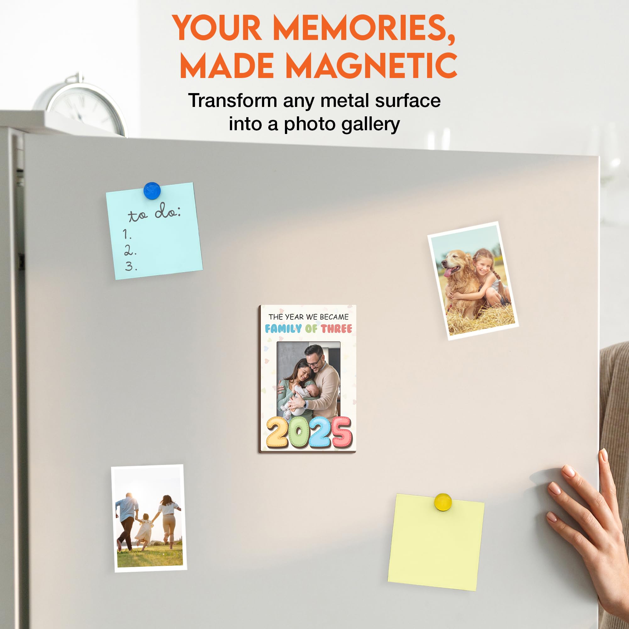 GIFTELIX Magnetic Picture Frames - The Year WE Became Family of Three 2025 - Baby Coming 2025 Magnet - Unique Item for Women Mothers Day - New Mom Dad Present - Magnetic Frames for Refrigerator Decor