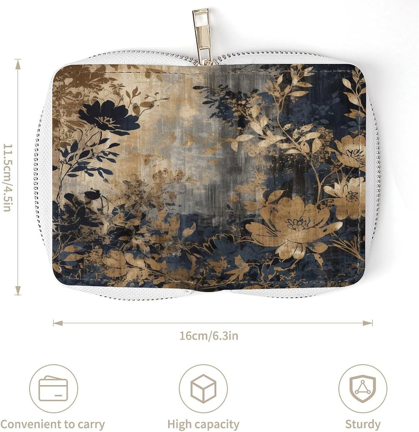 Leather Card Organizer Case Card Wallet Credit Card Holder Gold And Black Flowers Printed Zipper Card Cases Holder for Women Men