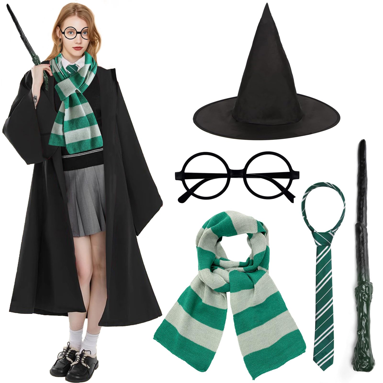 7 Pcs Wizard Costume Set for Adult, Wizard Fancy Dress Wizard Cosplay Accessories Outfit with Robe Scarf Glasses Tattoo Sticker Wand Tie Magic School Uniform for World Book Day Halloween Cosplay (M)