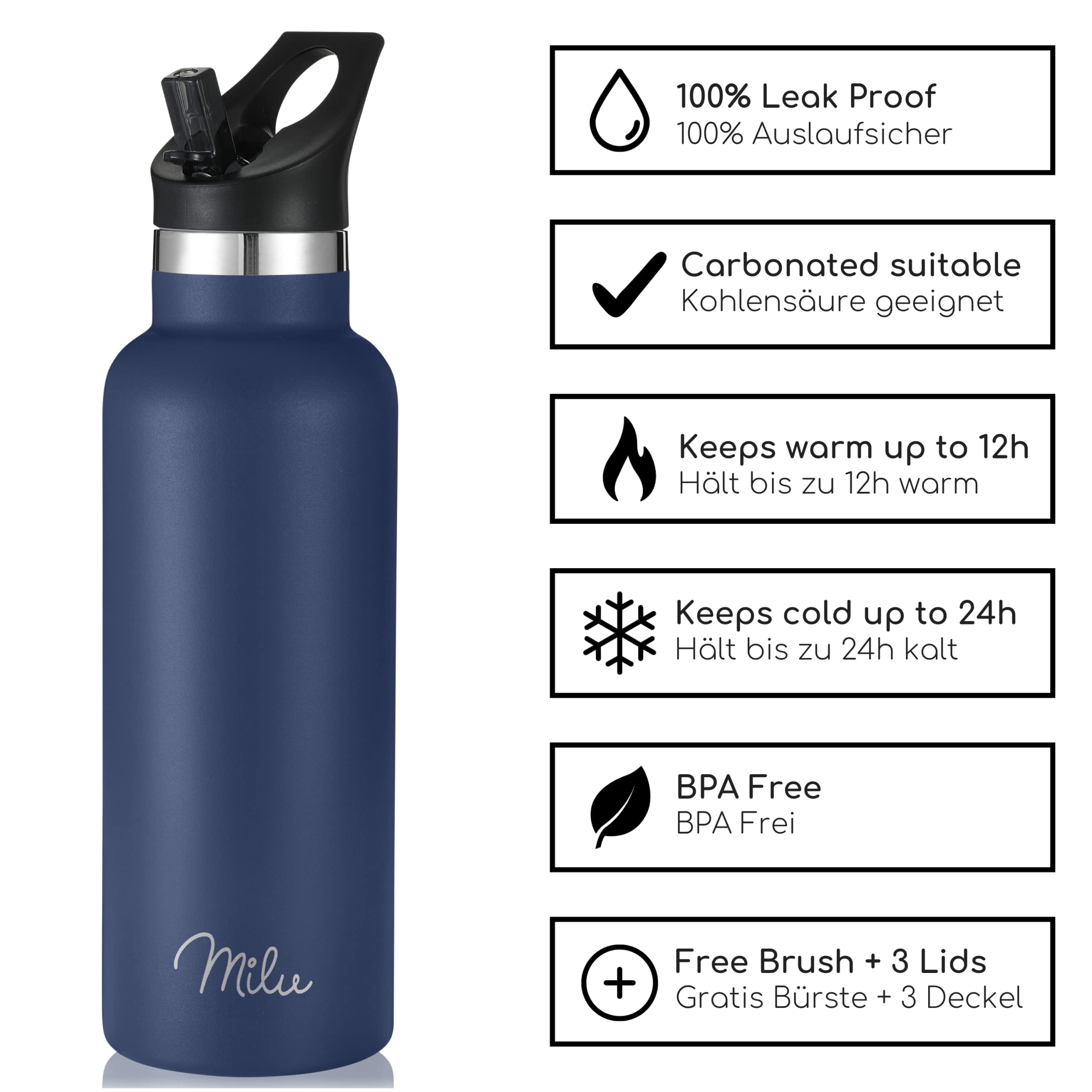 Milu Edelstahl Trinkflasche (+3 Deckel) Thermosflasche mit Strohhalm 500 ml – Bild 4