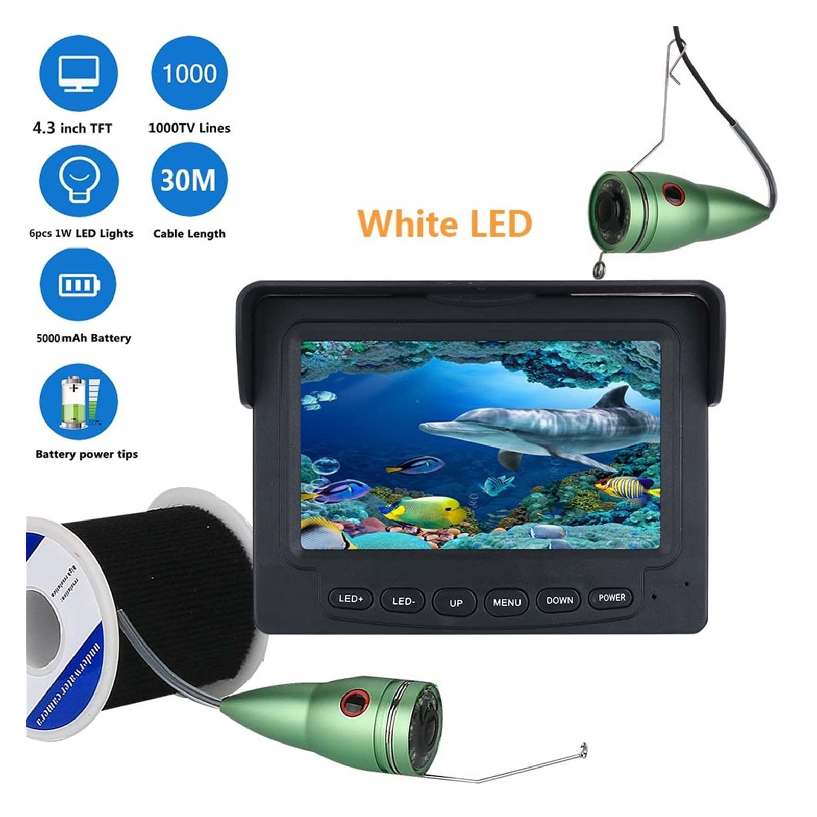 1. 5m 1000TVL. Fisher Fisher Podwodny Kamera Fishing 4.3" LCD Monitor 6szt 1 W. biały PROWADZONY Kamera Night Vision do połowów,Długotrwały Akumulator(White LED 30m Cable)