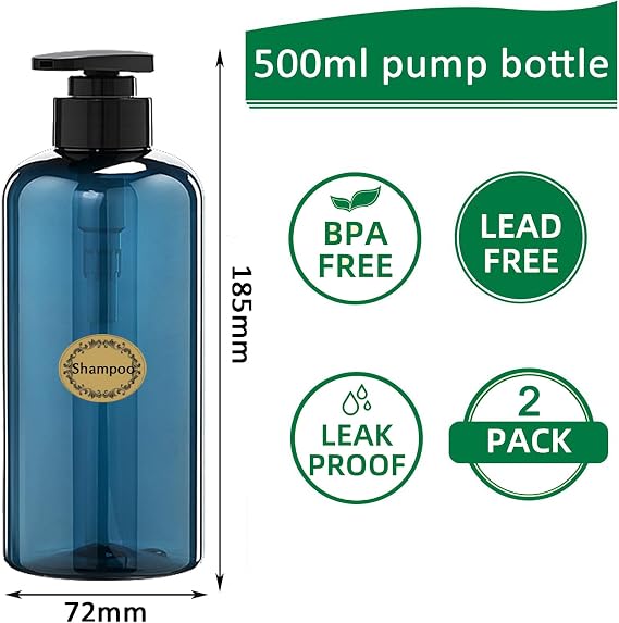 2Pcs 500ml/17oz Empty Plastic Pump Bottles Dispenser - Refillable Cylinder Shampoo Lotion Hand Pump Bottle Toiletries Liquid Pump Dispenser Shower Gel Storage Container for Bathroom (Blue)