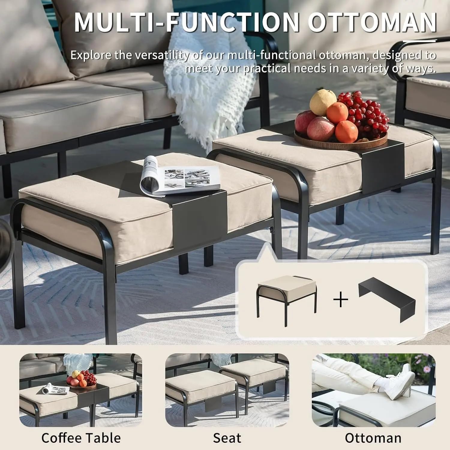 5 Piece Patio Furniture Set Metal Patio Conversation Set with 1x3 Seater Sofa 2xSwivel Chairs 2xOttomans Beige Deep Seat High Back Outdoor Sectional