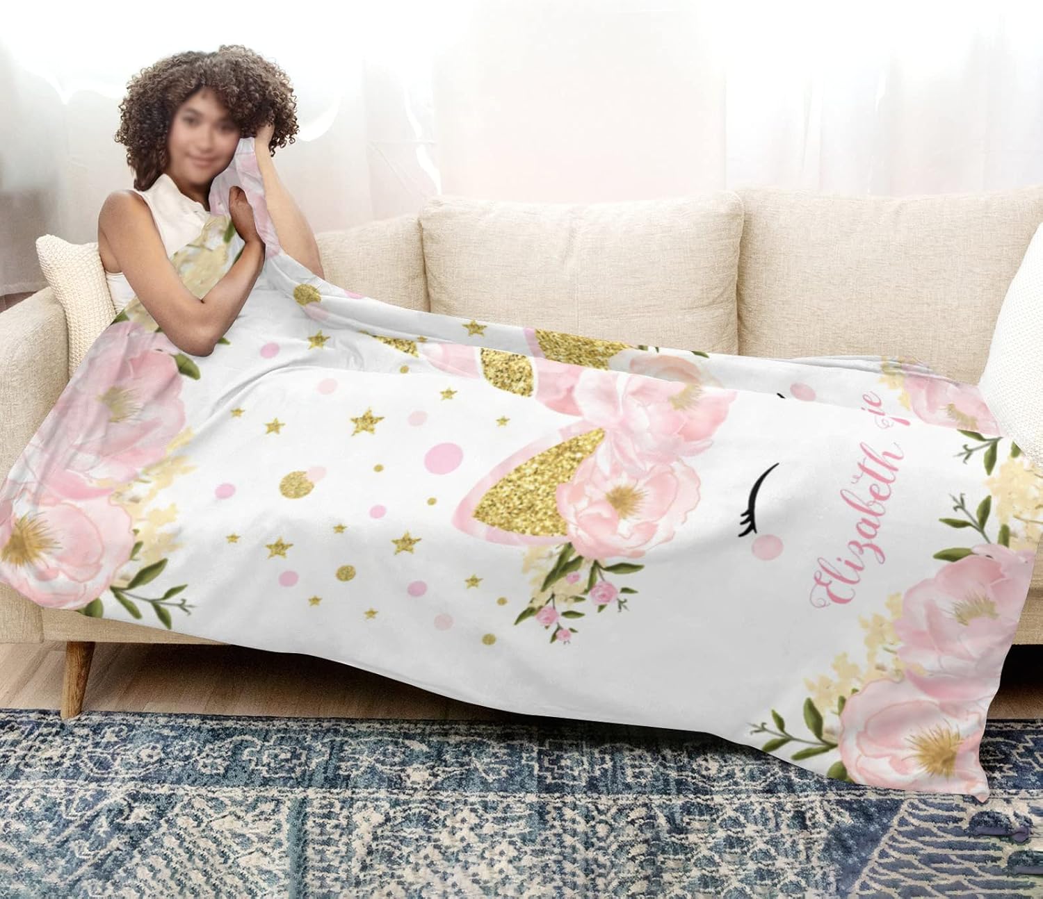 Personalized Floral Unicorn Blanket with Name Custom Baby Blanket for Girls Baby Girl Gifts Baby Items Newborn Essentials Soft Recieving Blankets - Floral Unicorn2 60x80in