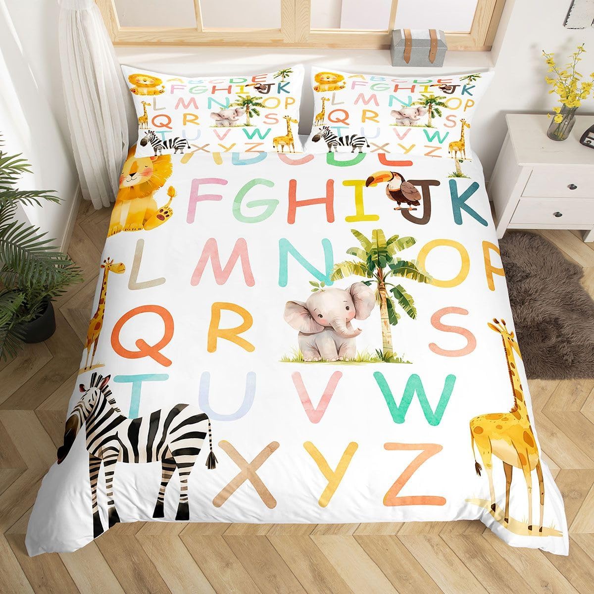 jejeloiu Alphabet Animal Duvet Cover Queen Size Cute Animal Comforter Cover for Boys Girls Cartoon English Alphabet Bedding Set 3Pcs Colorful Kawaii Room Decor