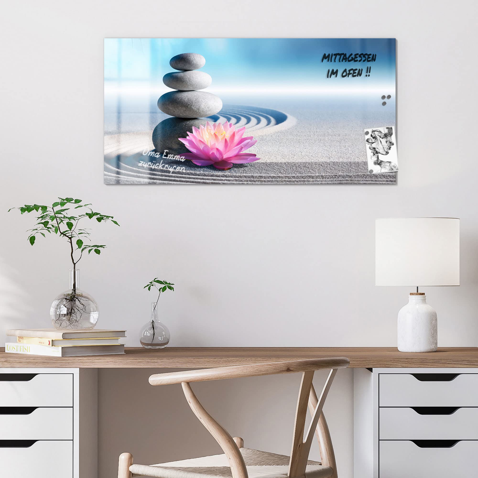 DEQORI Szklana tablica magnetyczna, wymiary 100 x 50 cm, motyw "Motyw ogrodu Zen", tablica memo ze szkła, tablica magnetyczna z magnesami, pisakiem i chusteczką do kuchni i biura, tablica magnetyczna i do pisania