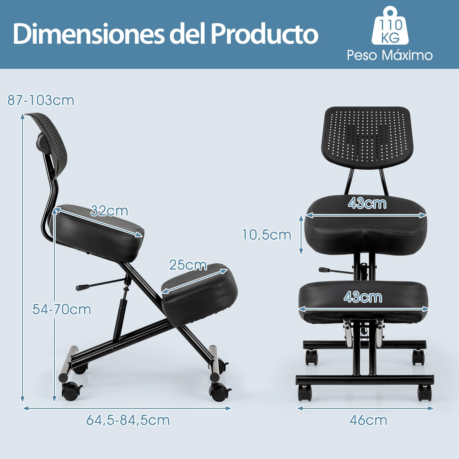 COSTWAY Silla Ergonómica Rodillas con Respaldo, Ajustable en Altura, Taburete Corrector de Postura con Asiento Inclinado, Silla Oficina con Ruedas Universales Bloqueables, 64,5-84,5 x 46 x 87-103 cm